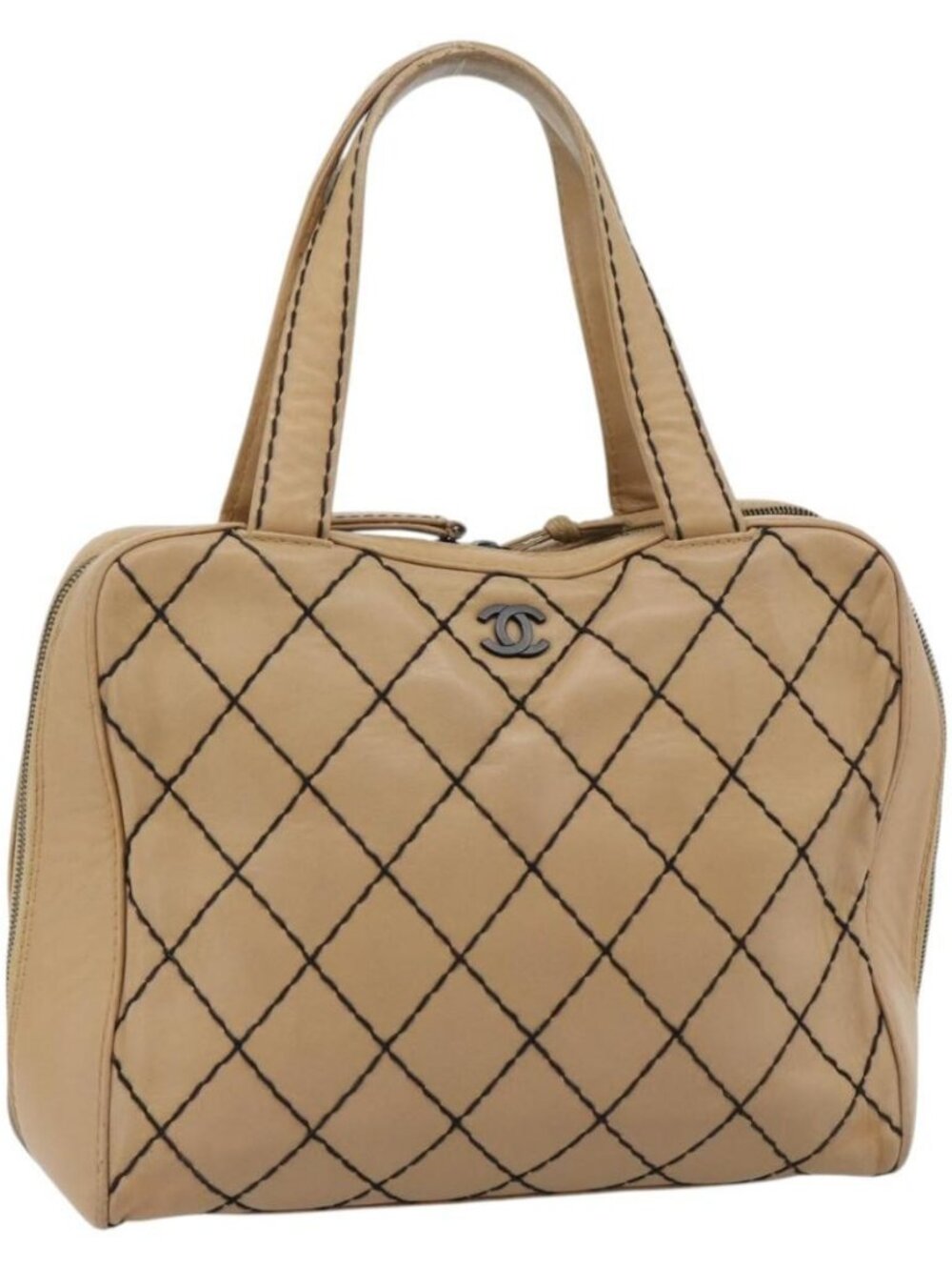CHANEL Wild Stitch Tote Bag Leather Beige CC Auth 180632